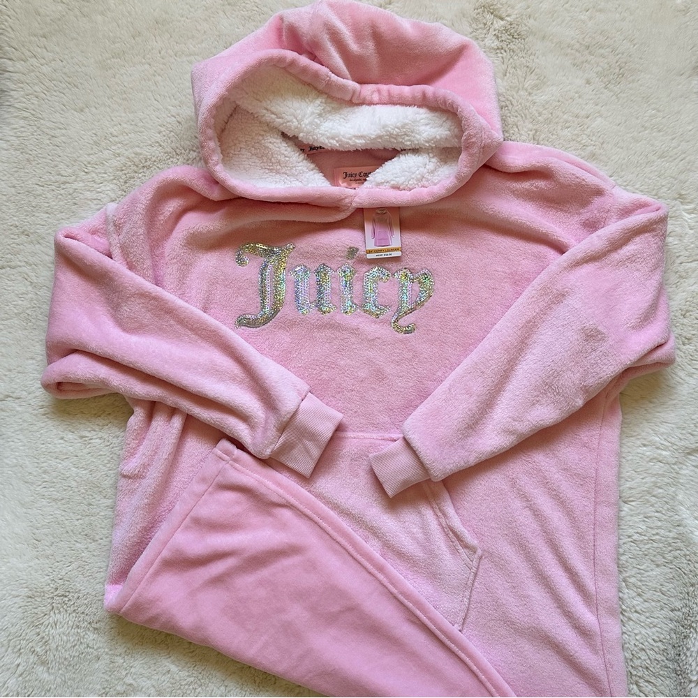 Juicy Couture Pink Fleece Hooded Lounge Set S/M Sequin Logo Kangaroo Pocket